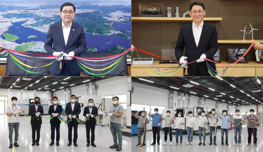 두산중공업이 30일 온라인으로 진행한 3D 프린팅 전용 제조공장 준공식 행사에서 허성무 창원시장(왼쪽 위), 정연인(오른쪽 위) 두산중공업 사장, 송용진(왼쪽 아래, 왼쪽에서 4번째)두산중공업 부문장과 두산중공업 3DP기술개발팀이 릴레이 테이프커팅을 진행하고 있다. <두산중공업 제공>
